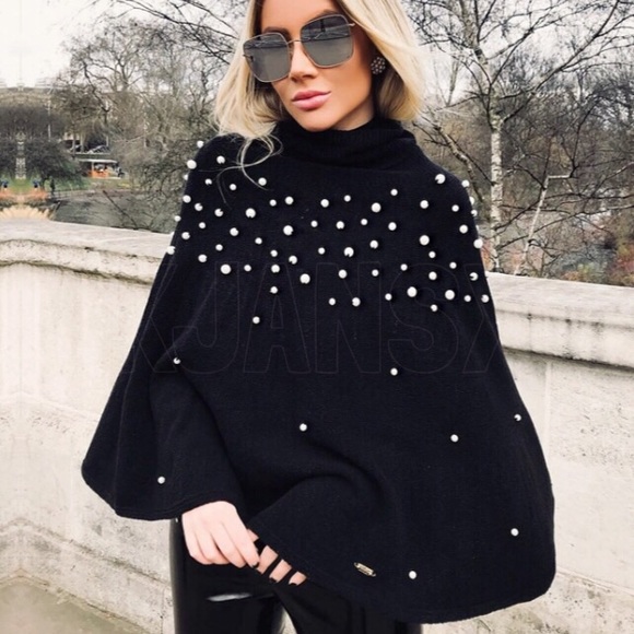 CUSTOMER HOLD!Pearl Studded Poncho Sweater Top - Picture 3 of 6